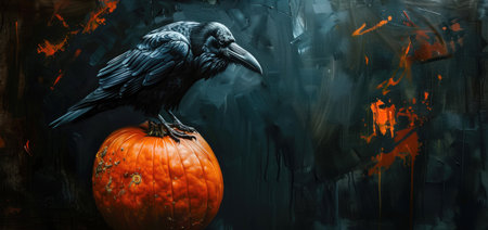 Black raven perched on an orange pumpkin with an abstract dark background, featuring shades of blue and orange. Concepts of Halloween, mystery, and autumnal themes in art and nature.の素材