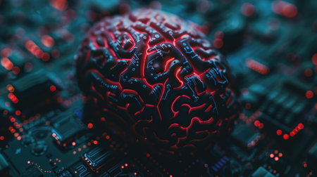 Futuristic depiction of a brain interconnected with electronic circuits on a dark circuit board. Concepts of integrated AI, brain-computer interface, and advanced technologyの素材