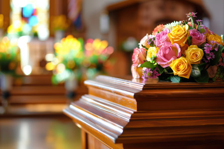 Beautiful flower arrangement on a wooden casket inside a serene and elegantly decorated church. Concepts of farewell, respect, and commemorating loved ones in a peaceful settingの素材