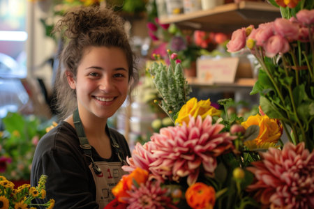 Smiling woman in apron surrounded by vibrant flowers in a cozy shop setting. Represents concepts of small business, floral artistry, and customer service.の素材