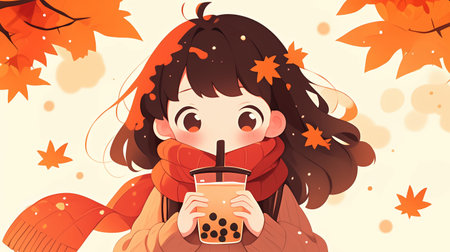 Cute girl with dark hair wearing a red scarf and sipping bubble tea amidst falling autumn leaves. Concepts of autumn, warmth, and enjoying seasonal beverages.の素材