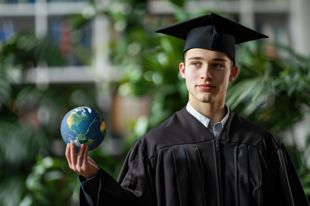 Young graduate in cap and gown holding a globe in one hand with a blurred green background. Concepts of education, global awareness, and achieving academic success.の素材