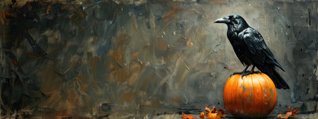 Raven perched on a pumpkin against a textured, dark background with scattered autumn leaves. Concepts of Halloween, autumn, and mysterious atmospheres.の素材