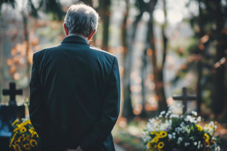 Elderly man in a suit standing in a cemetery with blurred trees and flowers in the background. Themes of reflection, remembrance, and mourning.の素材