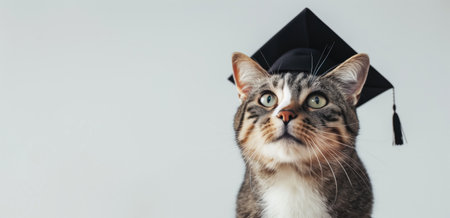 Cute tabby cat wearing a graduation cap with a focused expression against a plain background. Concepts of pet graduation, education, and animal intelligence.の素材