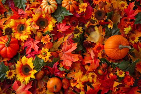 Vibrant autumn leaves, pumpkins, and sunflowers creating a lively fall-themed background. Concepts of seasonal decorations, harvest, and festive atmosphere.の素材