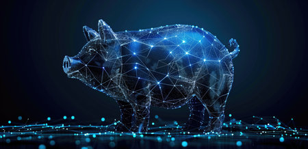 Digital representation of a pig made up of blue glowing lines and nodes on a dark background. Concepts of technology, digital agriculture, and futuristic farming.の素材