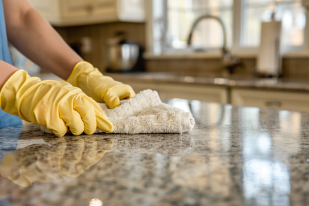 Hands wearing yellow rubber gloves cleaning kitchen countertop with white cloth. Concepts of hygiene, cleanliness, and household chores.の素材
