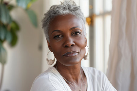 Confident mature woman with short gray hair wearing hoop earrings and white blouse indoors. Concepts of wisdom, elegance, and serene indoor settings.の素材