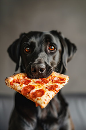 Playful black dog holding a slice of pepperoni pizza against a neutral background. Concepts of pets, humor, and love for food.の素材