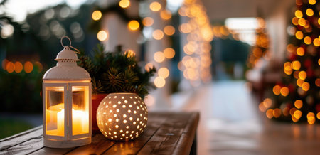 Softly glowing lanterns and potted plant on wooden table with blurred festive lights in background. Concepts of holiday decoration, warmth, and cozy ambiance.の素材