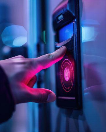 Finger pressing illuminated fingerprint scanner on a high-tech door lock in futuristic setting. Concepts of security, technology, and innovation in modern access control.の素材