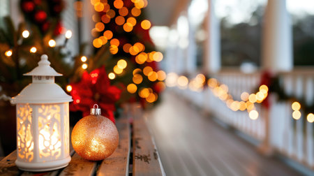 Glowing holiday lantern and ornament with blurred festive lights on porch. Concepts of holiday decor, seasonal celebration, and warm ambiance.の素材
