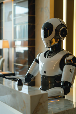 Futuristic robot receptionist at a modern, high-tech hotel front desk. Concepts of artificial intelligence, advanced robotics, and automation in hospitality.の素材