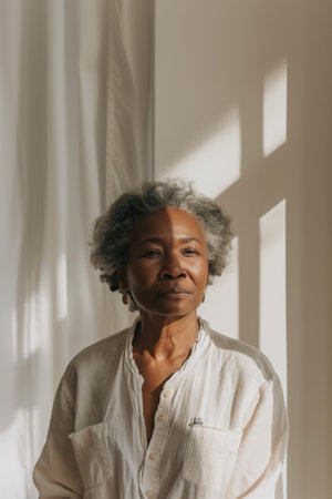 Elderly woman with gray hair standing in soft natural light and wearing a white shirt. Concepts of aging, wisdom, and peaceful moments.の素材