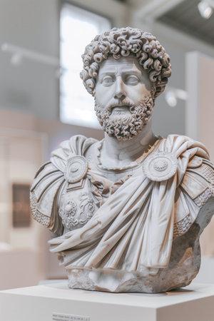 Marble bust of a Marcus Aurelius with detailed armor in a museum setting. Concepts of ancient history, classical art, and cultural heritageの素材
