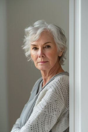 Elderly woman with white hair standing against a light wall wearing a knit sweater. Concepts of aging, wisdom, and peaceful solitude.の素材