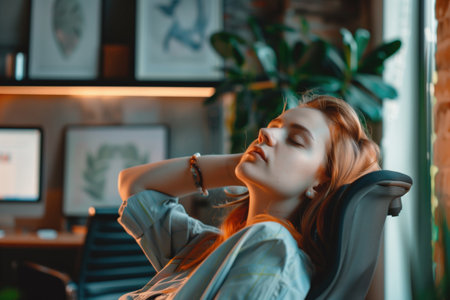 Young woman relaxing in office chair with eyes closed, surrounded by plants and artwork. Concepts of relaxation, workplace wellness, and stress relief.の素材