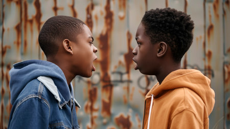 Two young boys arguing intensely against a graffiti-covered rusted wall. Concepts of conflict, emotions, and urban setting.の素材