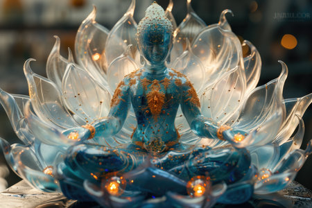 Intricate blue crystal Buddha statue with glowing lights in a peaceful setting. Concepts of spirituality, serenity, and artistic craftsmanship.の素材