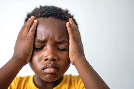 Child in yellow shirt holding head with hands against light background, showing a pained expression. Concepts of frustration, uncertainty, and childhood challenges.の素材