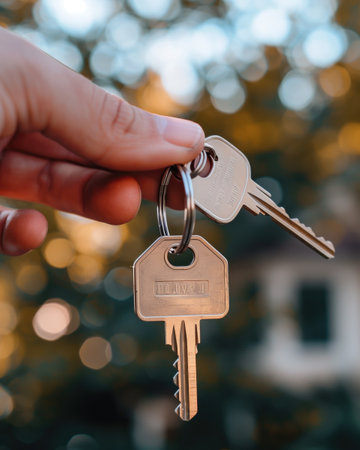 Hand holding a set of house keys with a blurred background of greenery and lights. Symbolizes home ownership, security, and new beginningsの素材