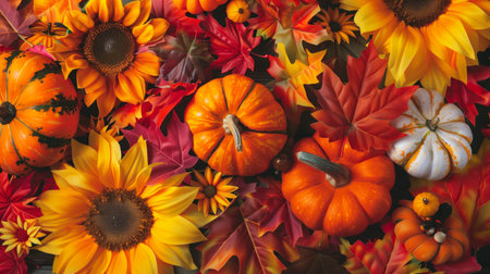 Vibrant autumn arrangement of pumpkins, sunflowers, and colorful leaves on a dark wooden surface. Concepts of fall, harvest, and seasonal decoration.の素材