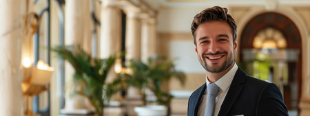 Smiling professional man in a suit standing in an elegant interior with plants and classical architecture. Concepts of business success, confidence, and professional environment.の素材