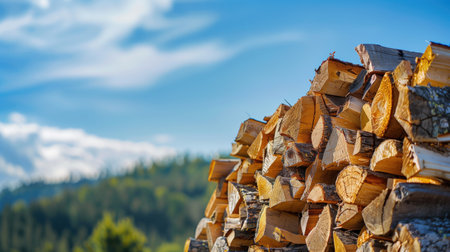 Stacked firewood pieces against a lush forest backdrop and a partly cloudy blue sky. Concepts of sustainable energy, forestry, and natural resources.の素材