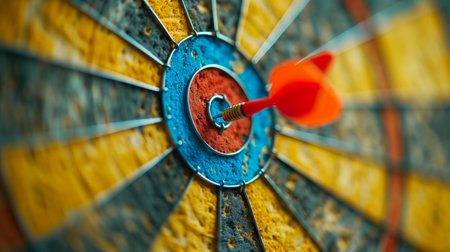Red dart hitting the bullseye on colorful dartboard, captured in close-up. Concepts of precision, accuracy, and focused goals.の素材