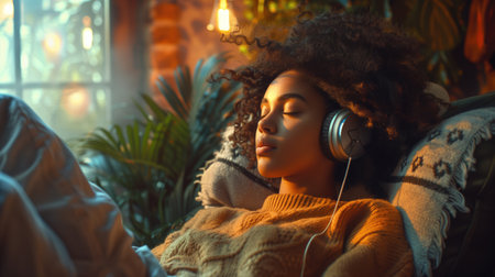 Woman relaxing on a cozy chair with headphones in a dimly lit room with warm lighting. Concepts of relaxation, comfort, and enjoying music in a peaceful environment.の素材