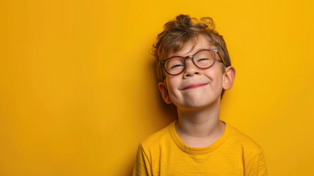 Smiling boy wearing eyeglasses and yellow shirt against a bright yellow background. Concepts of childhood, happiness, and colorful simplicity.の素材