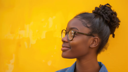 Thoughtful young woman with glasses smiling and looking sideways against a vibrant yellow background. Concepts of positivity, confidence, and modern style.の素材