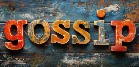 Vibrantly painted wooden letters spelling "gossip" on a rustic wooden background. Concepts of communication, rumor, and social interaction.の素材