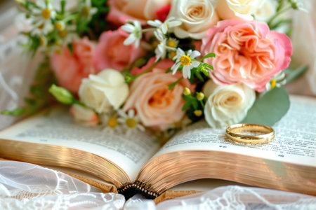 Open Bible with golden wedding ring and floral bouquet on delicate white lace fabric. Symbolizes love, commitment, and spiritual union in the context of marriageの素材