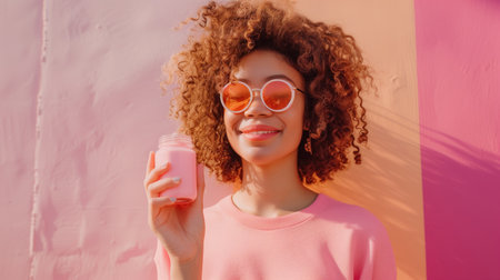 Smiling woman with curly hair holding pink jar against pastel colored background. Concepts of positive lifestyle, fashion, and modern aesthetics.の素材