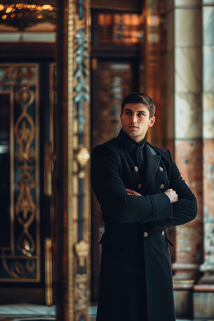 Stylish man in elegant black coat standing confidently with crossed arms in opulent hallway. Concepts of fashion, confidence, luxury, and sophistication.の素材