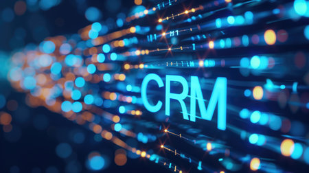 Abstract digital representation of CRM system with blue and orange bokeh lights. Concepts of customer relationship management, technology, and data analysis.の素材