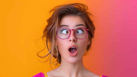 Surprised woman with glasses making a funny face against a vibrant orange and pink gradient background. Concepts of emotion, humor, and expressive reactions.の素材