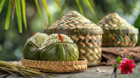 Traditional Ketupat made from woven young coconut leaves on a rustic table. Concepts of cultural heritage, natural materials, and Eid al-Fitr.の素材