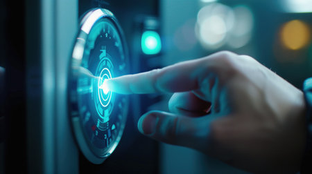 Finger pressing futuristic touchscreen with glowing interface and tech background. Concepts of advanced technology, biometric security, and digital interaction.の素材