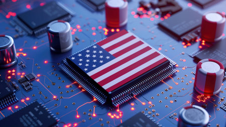 American flag on computer microchip surrounded by electronic components and red circuitry lights. Concepts of technology, national pride, and electronic innovation.の素材