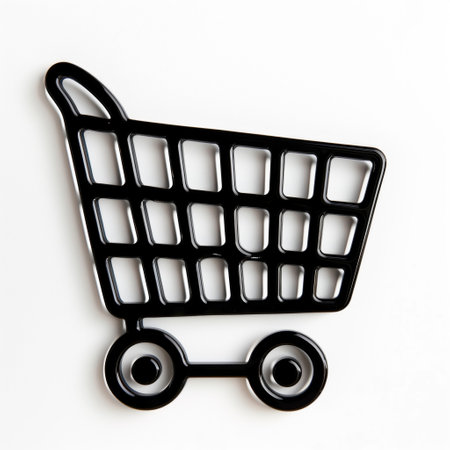 Black shopping cart icon isolated on white background with a sleek and modern design. Symbolizes online shopping, retail, and e-commerce concepts.の素材