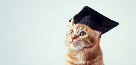 Cute ginger cat wearing a graduation cap with a thoughtful expression in a light background. Concepts of achievement, education, and humor.の素材