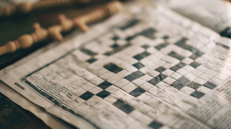 Wrinkled newspaper with partially solved crossword and blurred chess pieces in the background. Concepts of brain teasers, intellectual hobbies, and cozy leisure activities.の素材