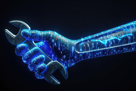 Digital hand holding wrench with binary code patterns on dark background. Concepts of technology, cybersecurity, and artificial intelligence.の素材