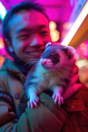 Smiling person holding a curious ferret under bright neon lights with a colorful backdrop. Concepts of companionship, nightlife, and vibrant urban experiences.の素材