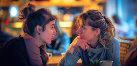 Two young women engaged in a lively conversation at a cozy coffee shop. Concepts of friendship, communication, and social interaction.の素材