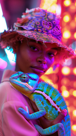 Young person in vibrant hat holding a colorful chameleon under neon lights. Concepts of urban wildlife, individuality, and modern street style.の素材