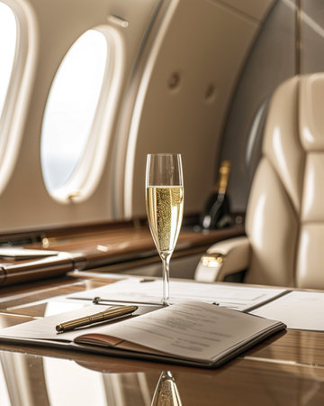 Elegant champagne glass on private jet table with luxurious interior details. Symbolizes opulence, travel, and high-end lifestyle.の素材